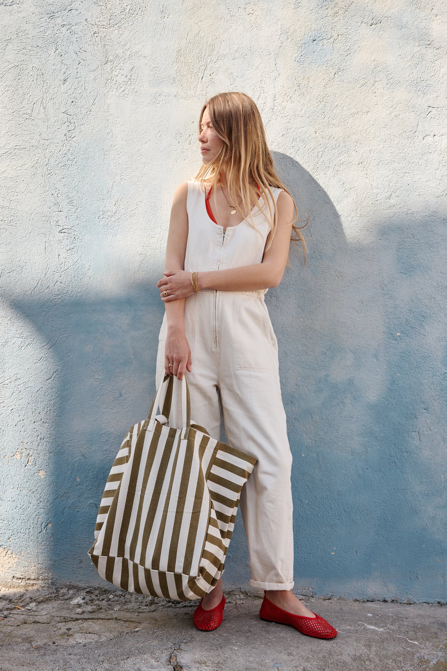 Sac cabas rayures Olive / Greige