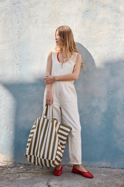 Sac cabas rayures Olive / Greige